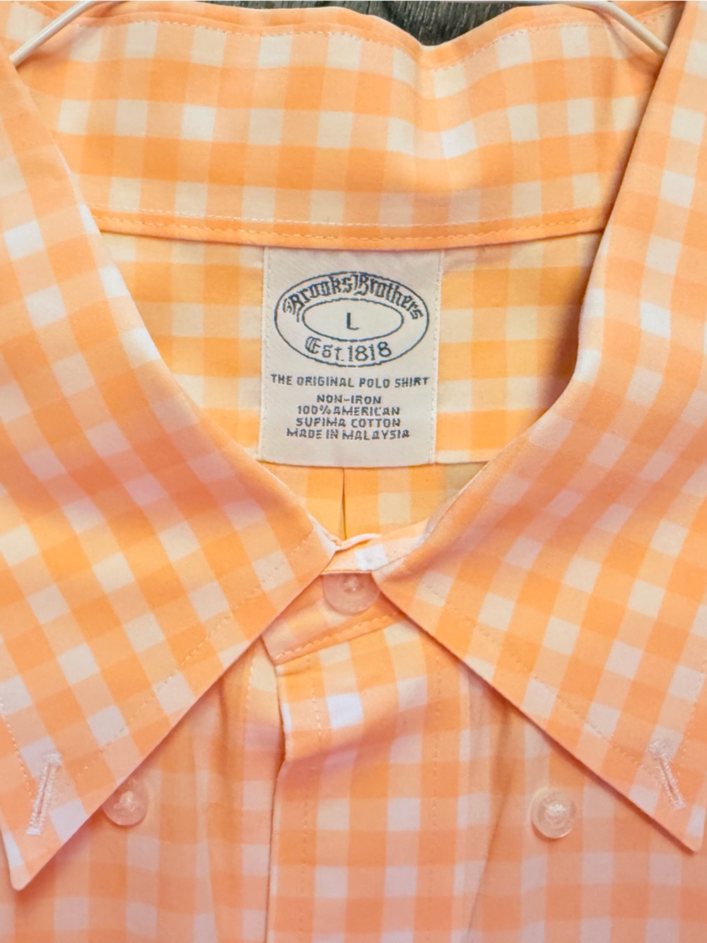 Brooks Brothers Original Polo L Orange Gingham Supima Non-Iron Shirt - Picture 11 of 12